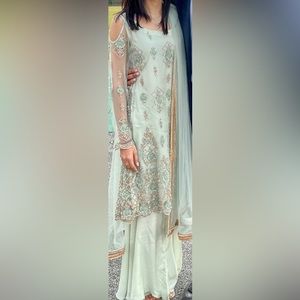 Pastel green net kurta, pants, dupatta